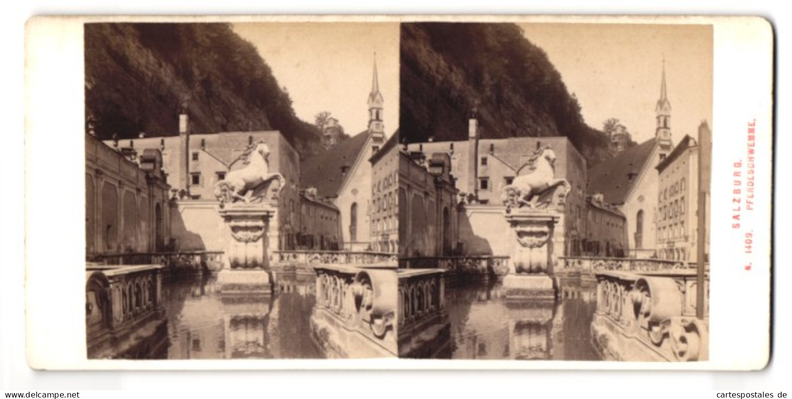 Stereo-Fotografie Alois Beer, Klagenfurt, Ansicht Salzburg, Die Pferdeschwemme  - Stereoscopic