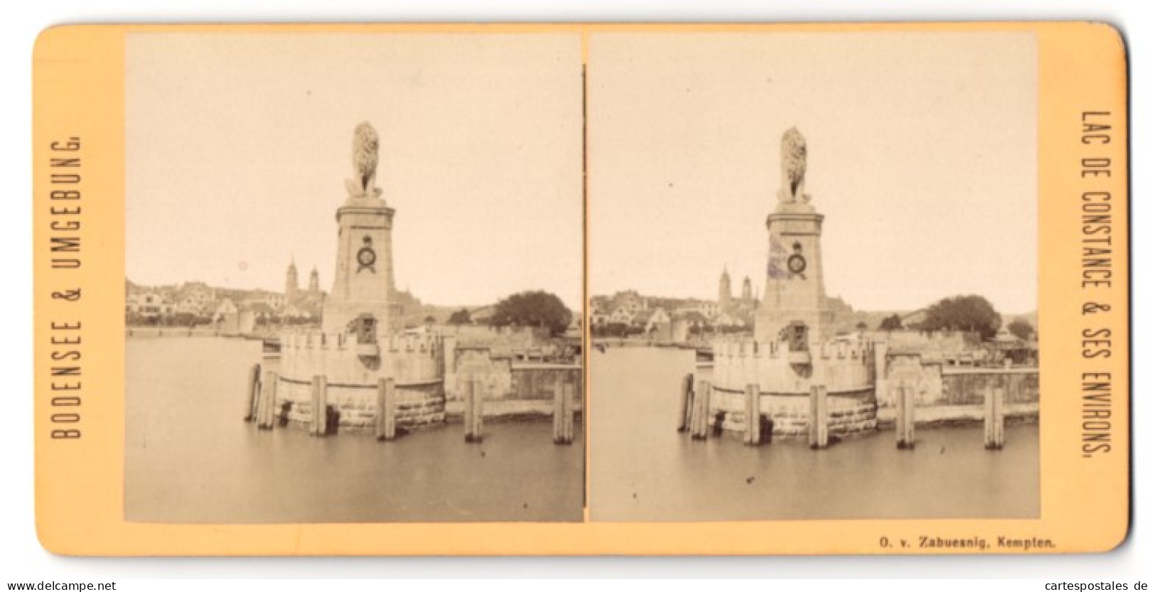 Stereo-Fotografie O. V. Zabuesnig, Kempten, Ansicht Lindau I. B., Hafeneinfahrt Mit Der Löwenstatue  - Photos Stéréoscopiques