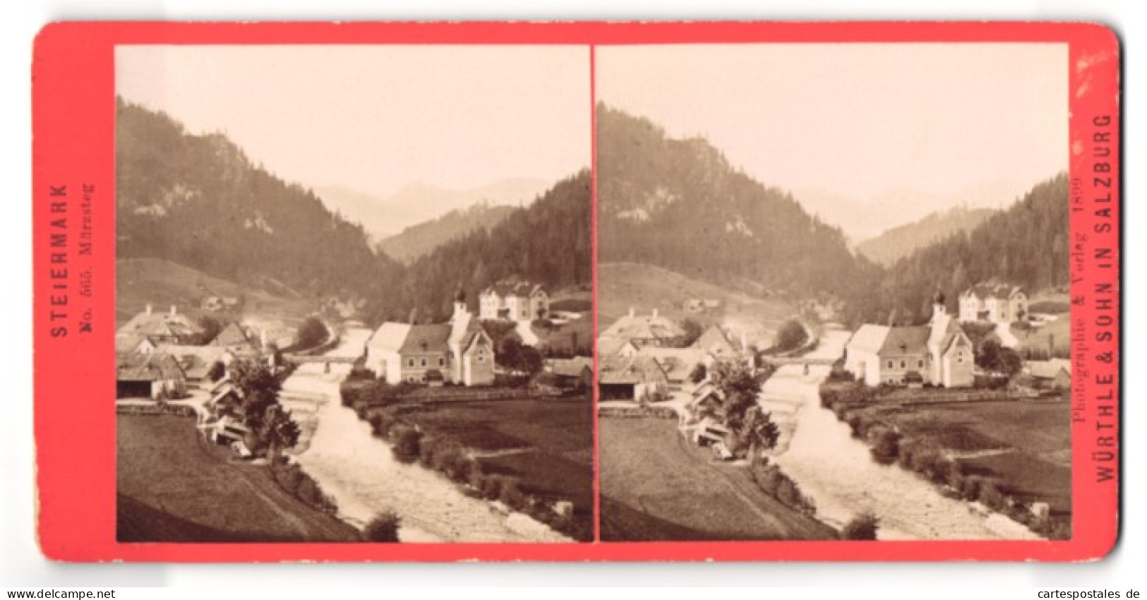 Stereo-Fotografie Würthle & Spinnhirn, Salzburg, Ansicht Mürzsteg, Teilansicht Des Ortes Mit Fluss  - Stereoscoop