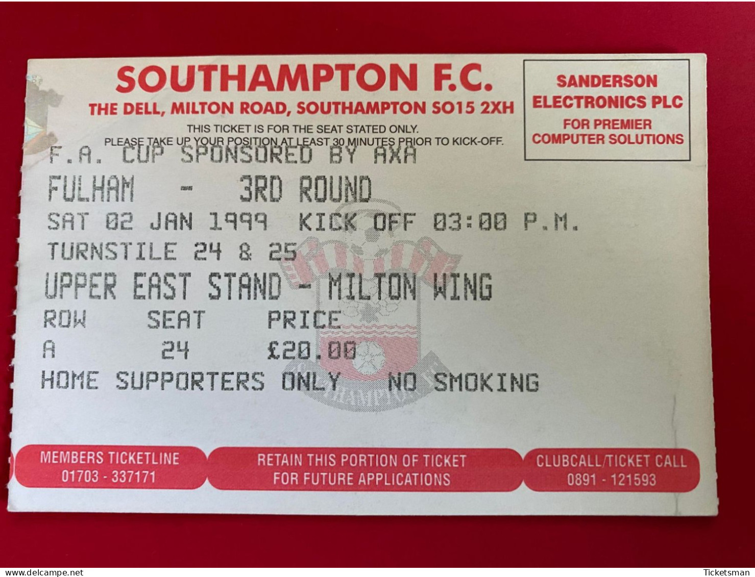 Football Ticket Billet Jegy Biglietto Eintrittskarte Southampton FC - Fulham FC 02/01/1999 FA Cup - Toegangskaarten