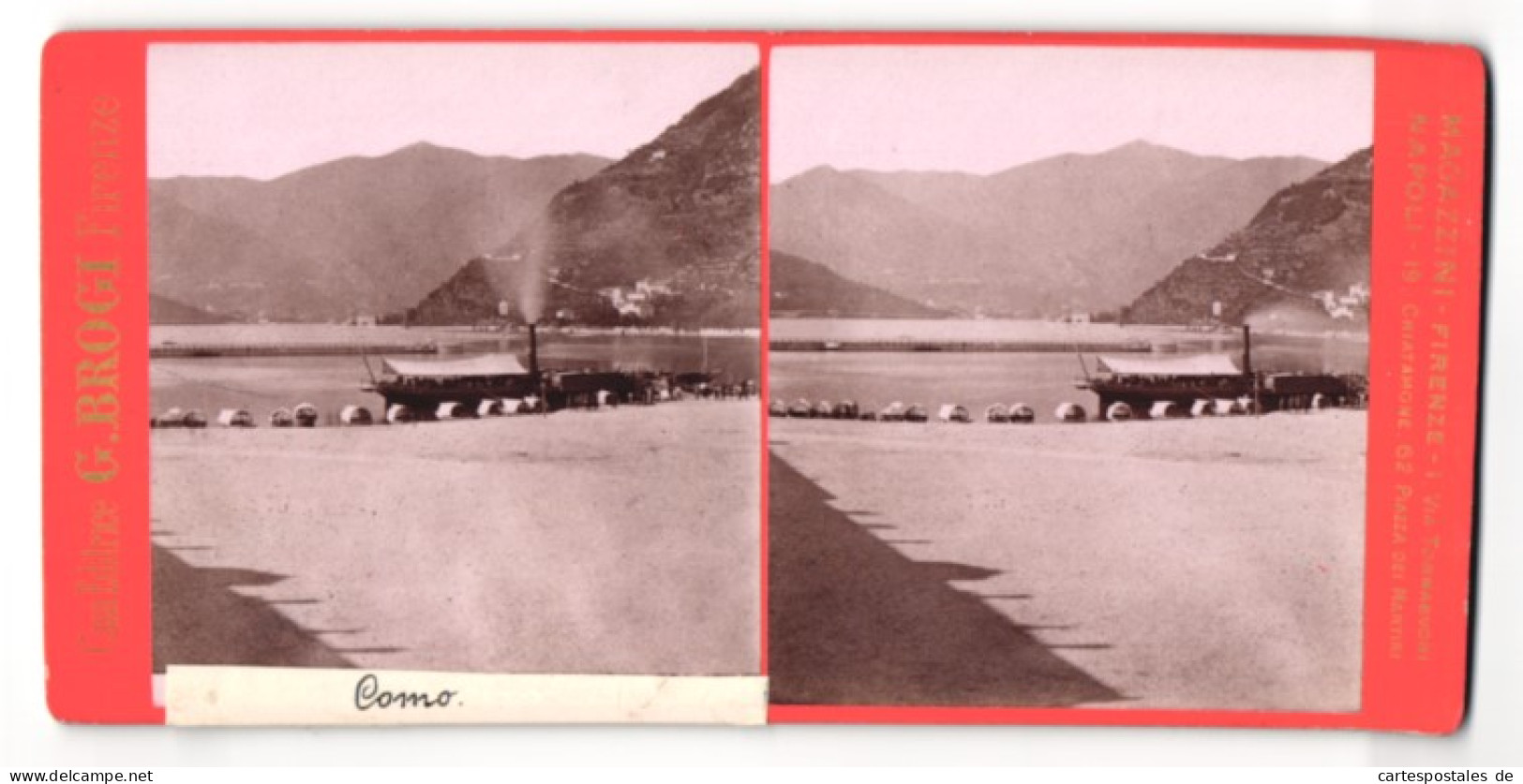 Stereo-Foto G. Brogi, Firenze, Ansicht Como, Ausflugsdampfer Italia Am Schiffsanleger  - Stereoscoop