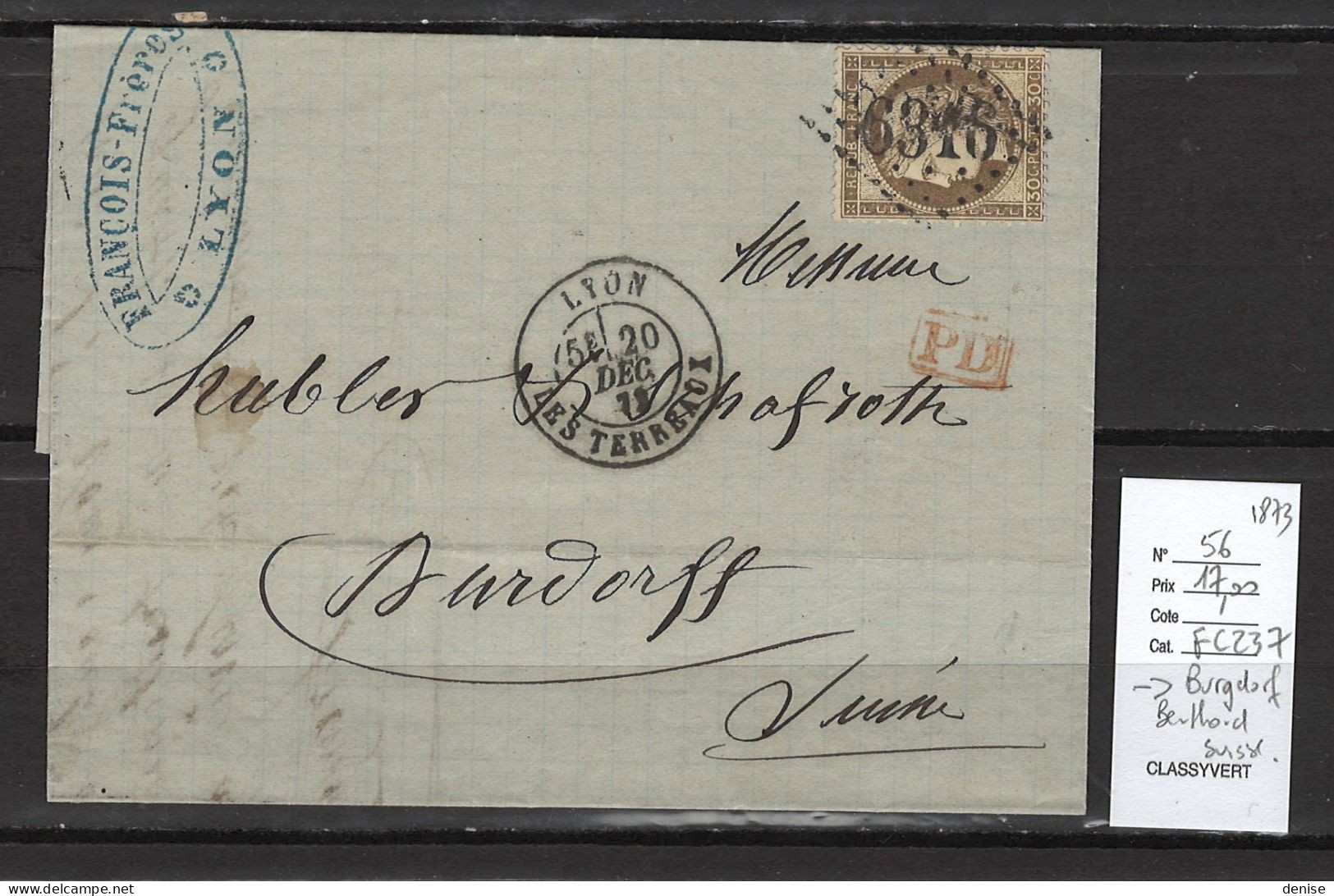 France - Lettre - Lyon Pour Burgdorf - Berthoud En Suisse - 1873 - 1849-1876: Période Classique