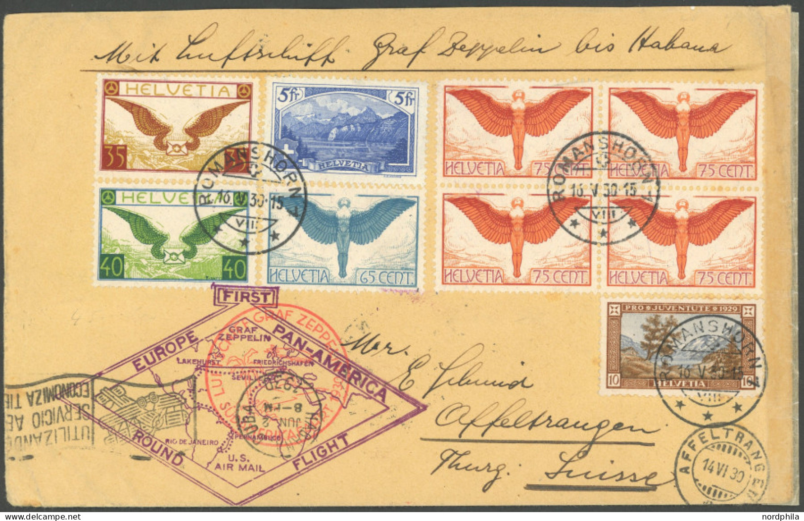 ZULEITUNGSPOST 57NN BRIEF, Schweiz: 1930, Südamerikafahrt, Friedrichshafen-Havanna, Gute Frankatur (u.a. Viererblock Mi. - Correo Aéreo & Zeppelin