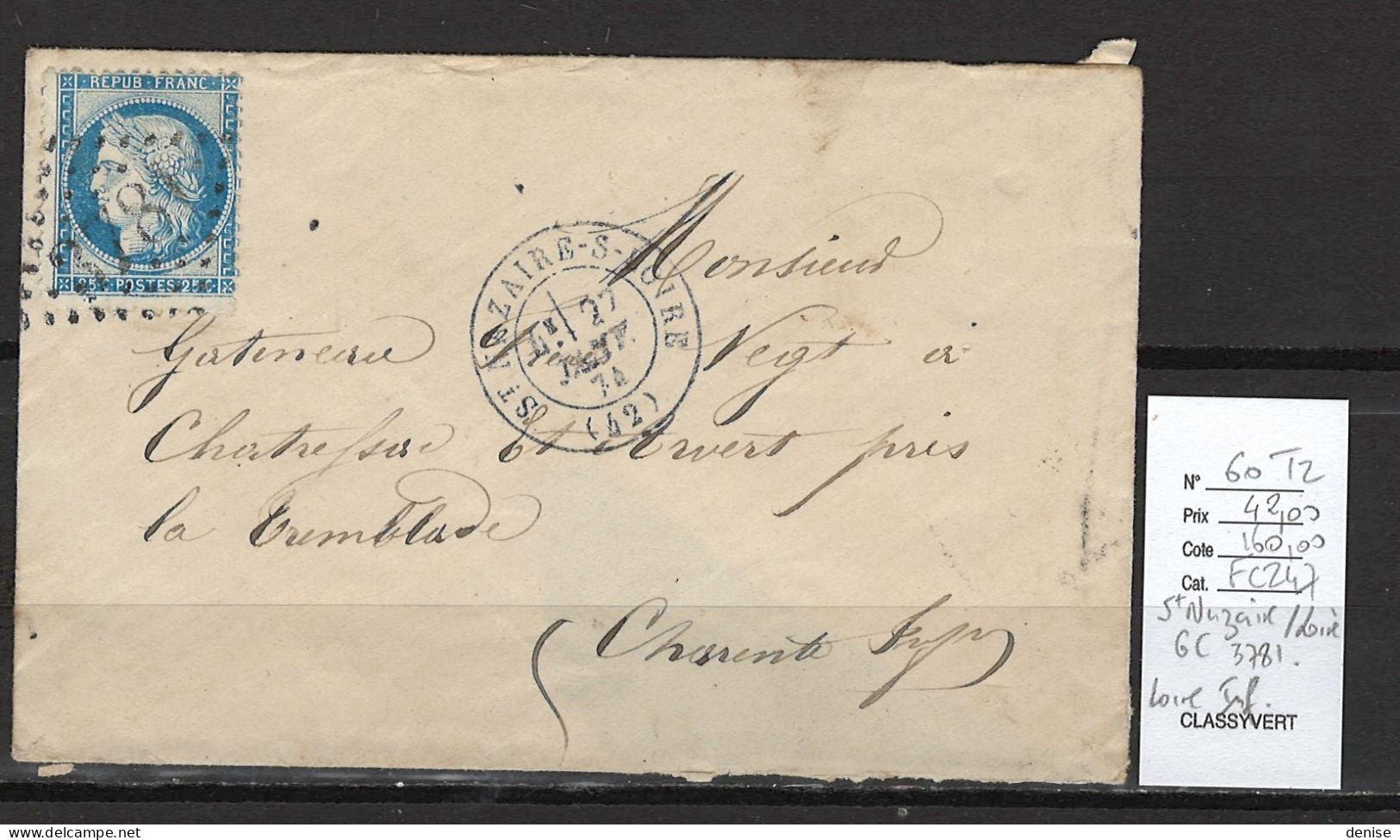 France - Lettre Yvert 60 - TYPE 2 - Saint Nazaire - GC3781 - 1874 - 1849-1876: Période Classique