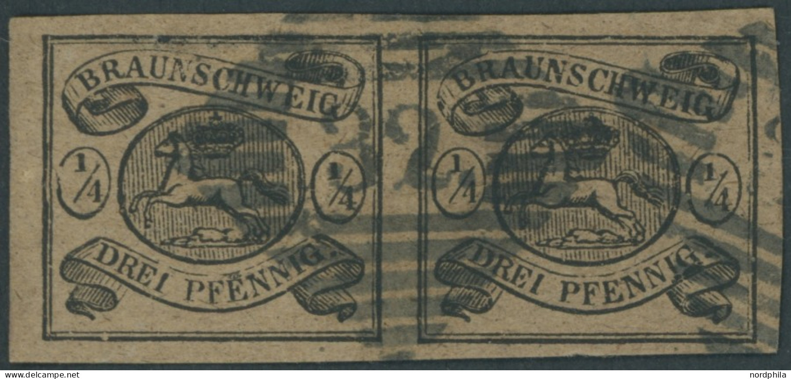BRAUNSCHWEIG 4  Paar O, 1856, 1/4 Ggr. Schwarz Auf Hellbraun Im Waagerechten Paar, Nummernstempel 32 (LUTTER), Linke Mar - Braunschweig