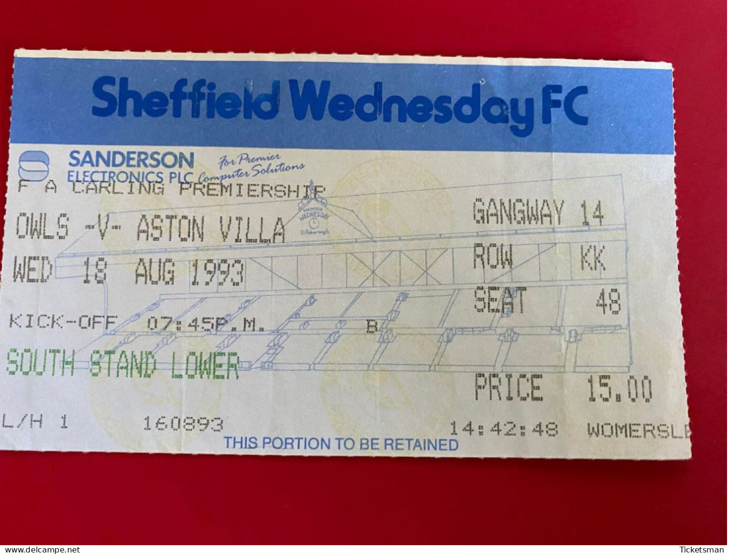 Football Ticket Billet Jegy Biglietto Eintrittskarte Sheffield Wednesday - Adston Villa 18/08/1993 - Tickets D'entrée