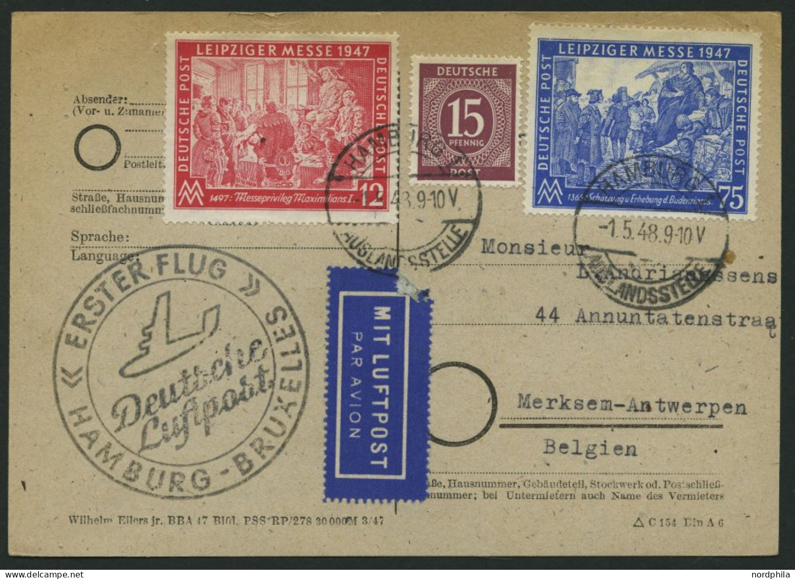 ERST-UND ERÖFFNUNGSFLÜGE 2301 BRIEF, 1.5.48, Hamburg-Brüssel, Flugbestätigungsstempel In Schwarz (Gefälligkeitsabstempel - Autres & Non Classés