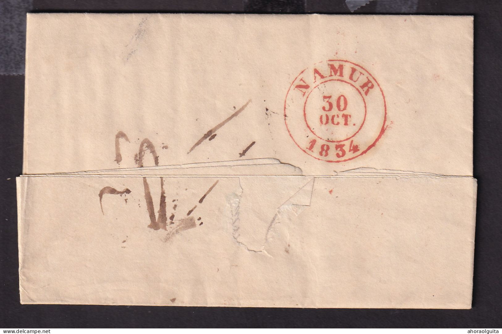 DDGG 076 - Lettre Précurseur CHIMAY 1834 Vers NAMUR - Port 15 Cents , Barré Et Corrigé En 20 Cents - 1830-1849 (Onafhankelijk België)