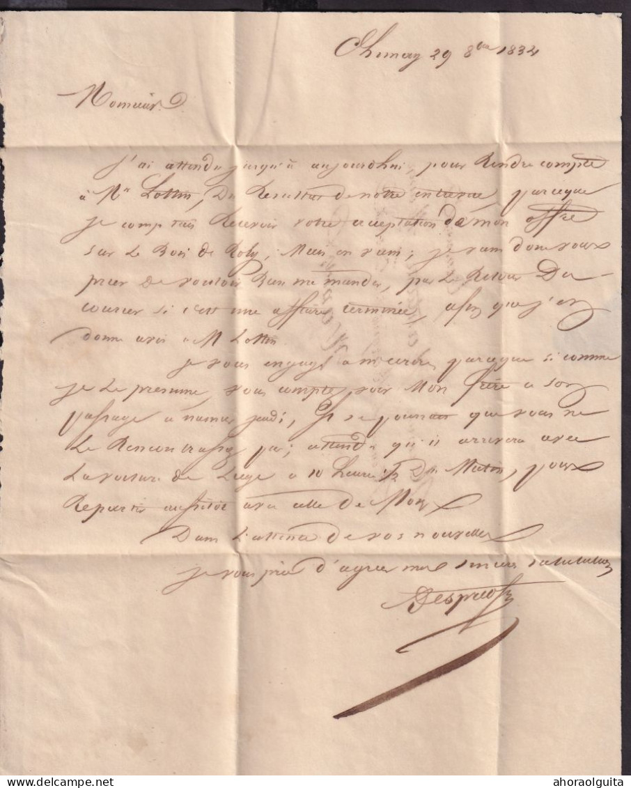 DDGG 076 - Lettre Précurseur CHIMAY 1834 Vers NAMUR - Port 15 Cents , Barré Et Corrigé En 20 Cents - 1830-1849 (Onafhankelijk België)