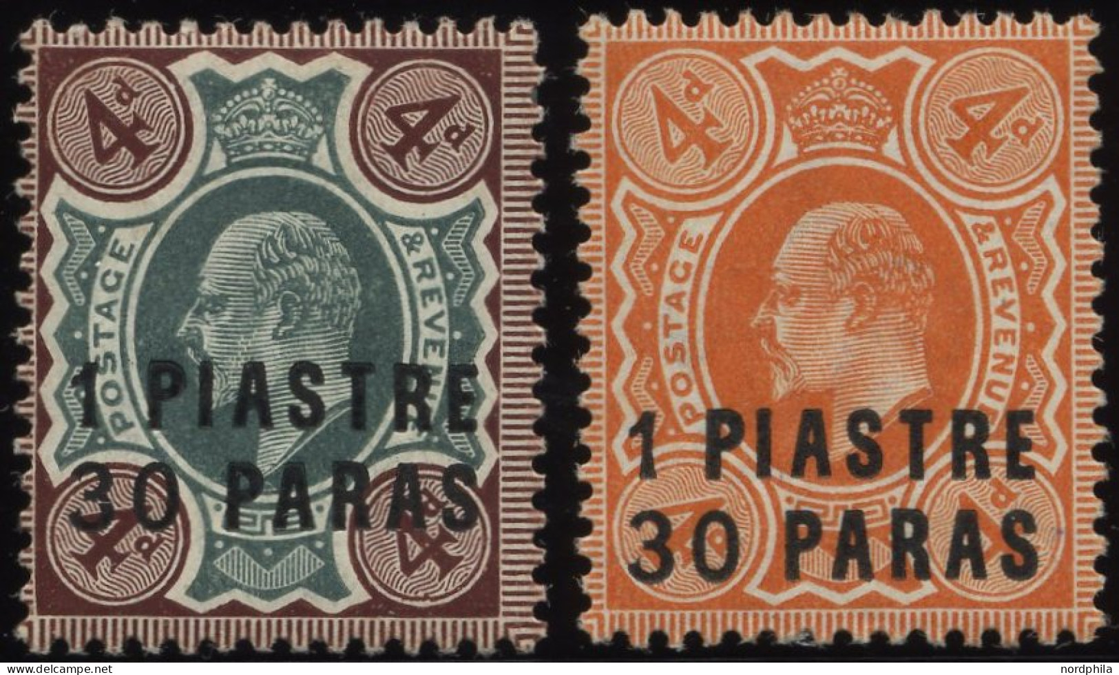 POST IN DER TÜRKEI 28/9 *, 1909, 1.30 Pia. Auf 4 P. Braun/grün Und 4 P. Orange, Falzrest, 2 Prachtwerte, Mi. 33.- - Otros & Sin Clasificación