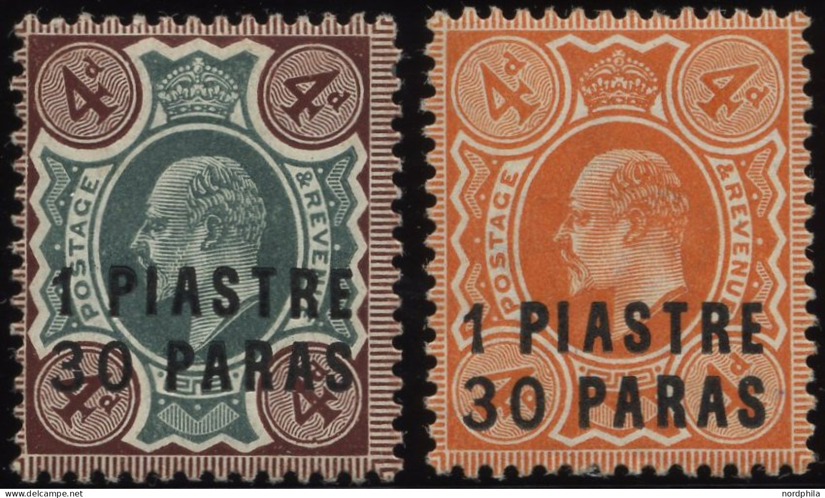 POST IN DER TÜRKEI 28/9 *, 1909, 1.30 Pia. Auf 4 P. Braun/grün Und 4 P. Orange, Falzrest, 2 Prachtwerte, Mi. 33.- - Altri & Non Classificati