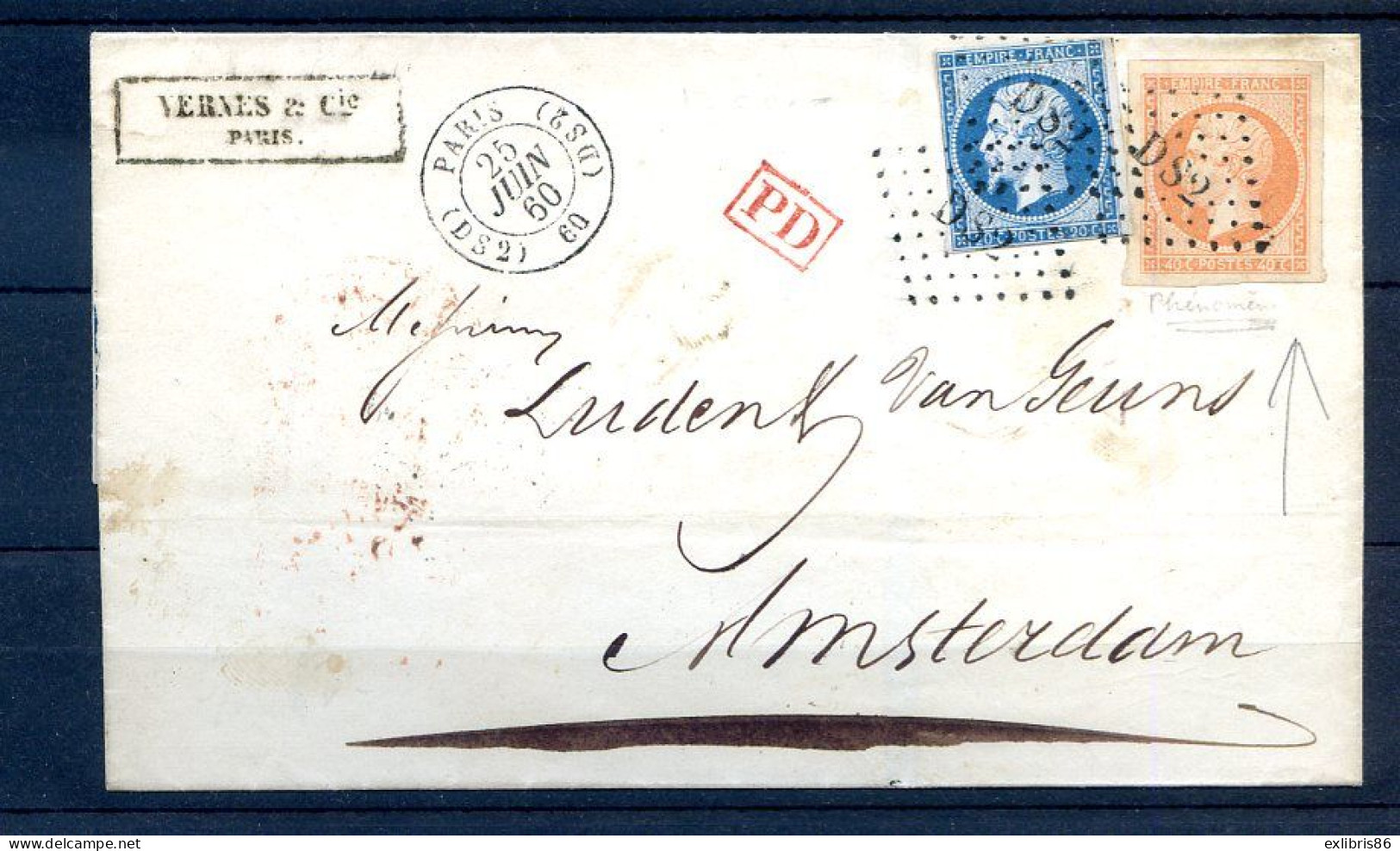 200324 LETTRE N°14+16  Oblitéré DS2  PD EN ROUGE POUR AMSTERDAM - 1849-1876: Période Classique