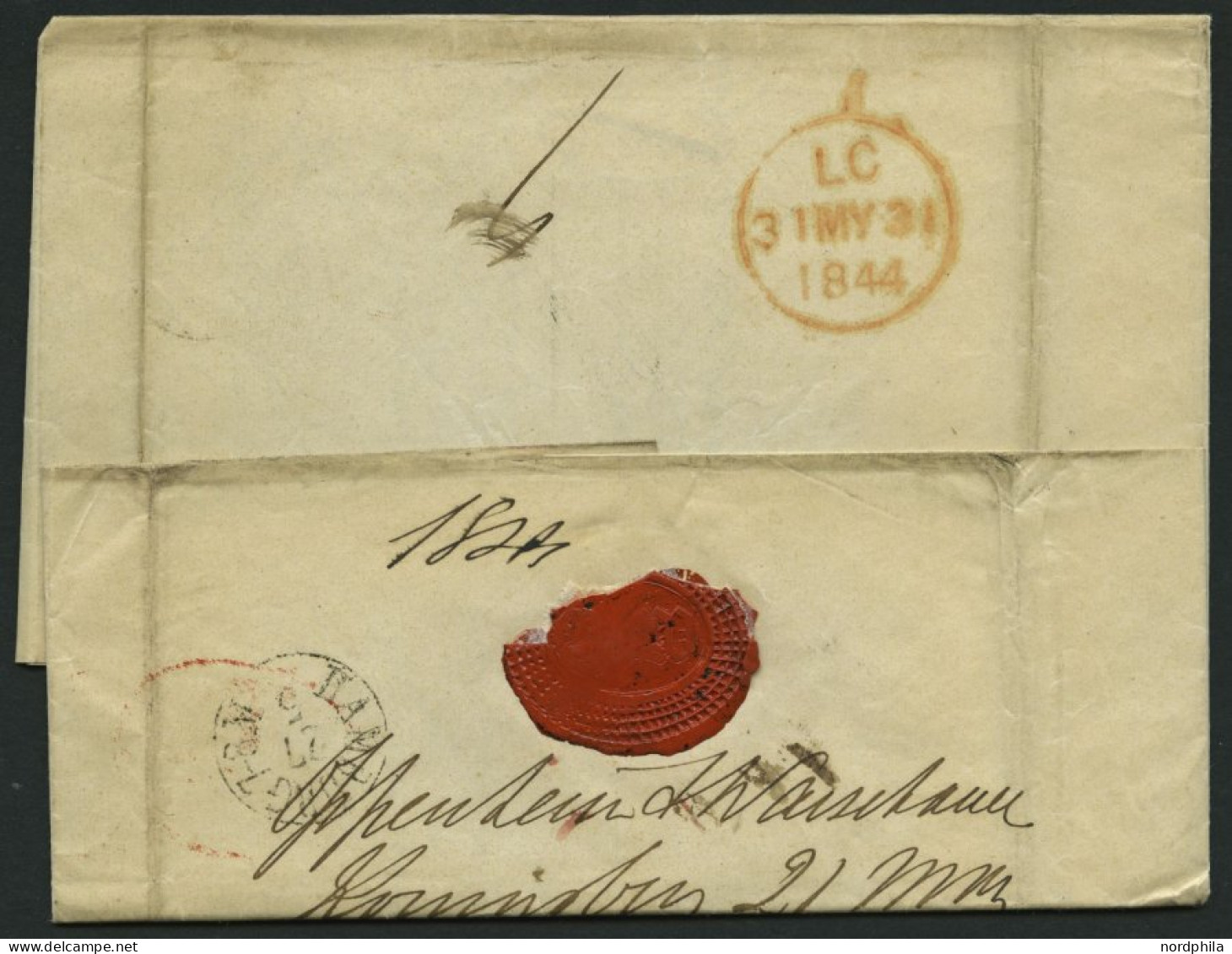 HAMBURG - GRENZÜBERGANGSSTEMPEL 1844, T 28 MAY, In Rot Auf Brief Von Königsberg Nach London, Feinst - [Voorlopers