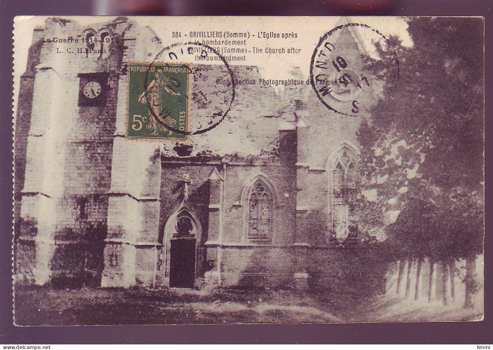 80 - GUERRE 14/18 - GRIVILLIERS - ÉGLISE APRES LE BOMBARDEMENT -  - Autres & Non Classés