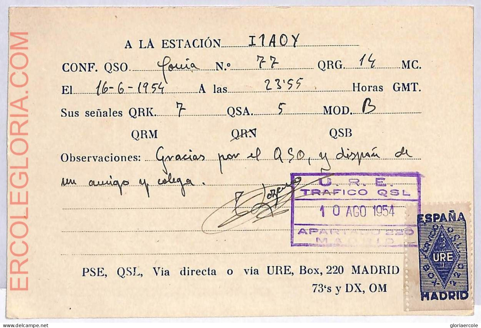 Ad9266 - SPAIN - RADIO FREQUENCY CARD  - Barcelona -  1954 - Radio