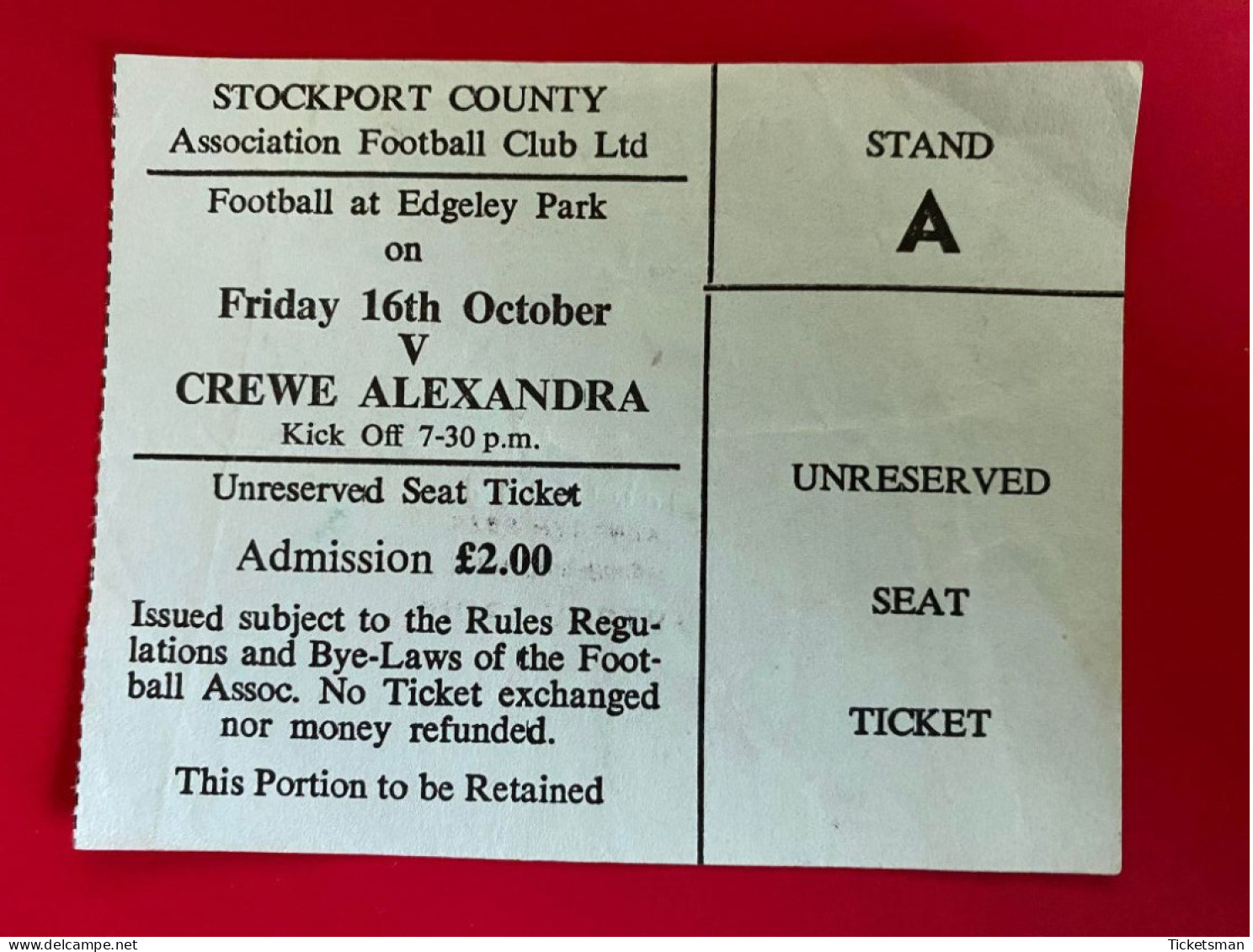 Football Ticket Billet Jegy Biglietto Eintrittskarte Stockport County - Crewe Alexandra 16/10/???? - Eintrittskarten