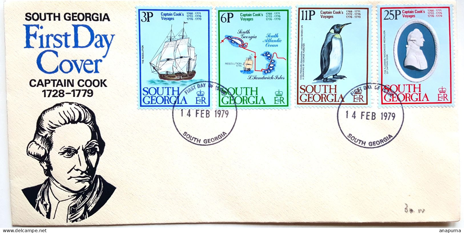 Capitaine COOK, South Georgia, Enveloppe Illustrée, 4 Timbres Voyages De COOK, Oblitérée - Cartas & Documentos
