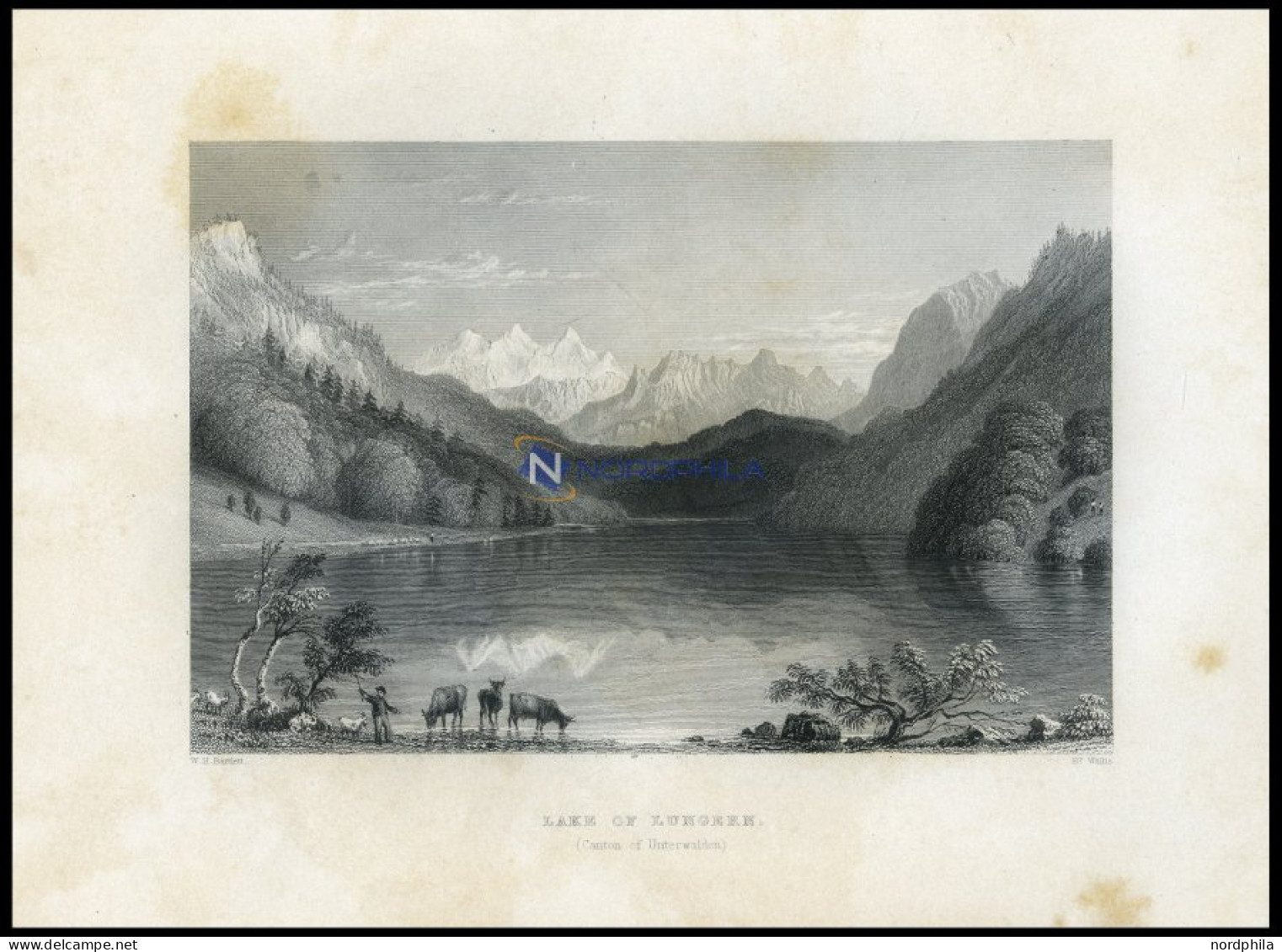 Der LUNGERNSEE (KANTON UNTERWALDEN), Stockfleckig, Stahlstich Von Bartlett/ Wallis, 1836 - Lithografieën