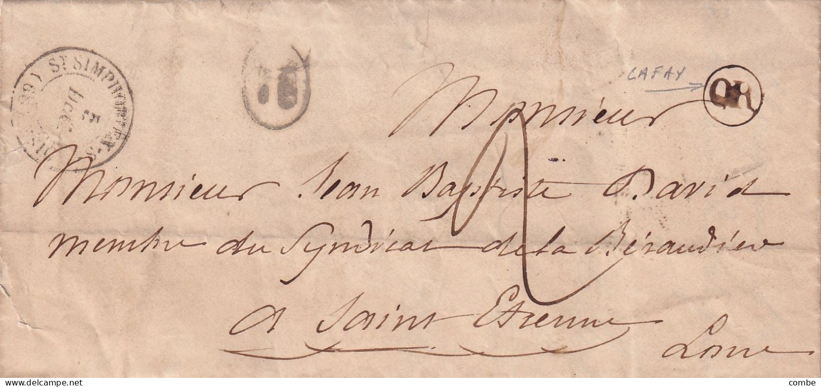 LETTRE. 5 DEC 1844. ST SYMPHORIEN SUR COISE. RHONE. ORIGINE RURALE OR = LAFAY. POUR ST ETIENNE - 1801-1848: Précurseurs XIX