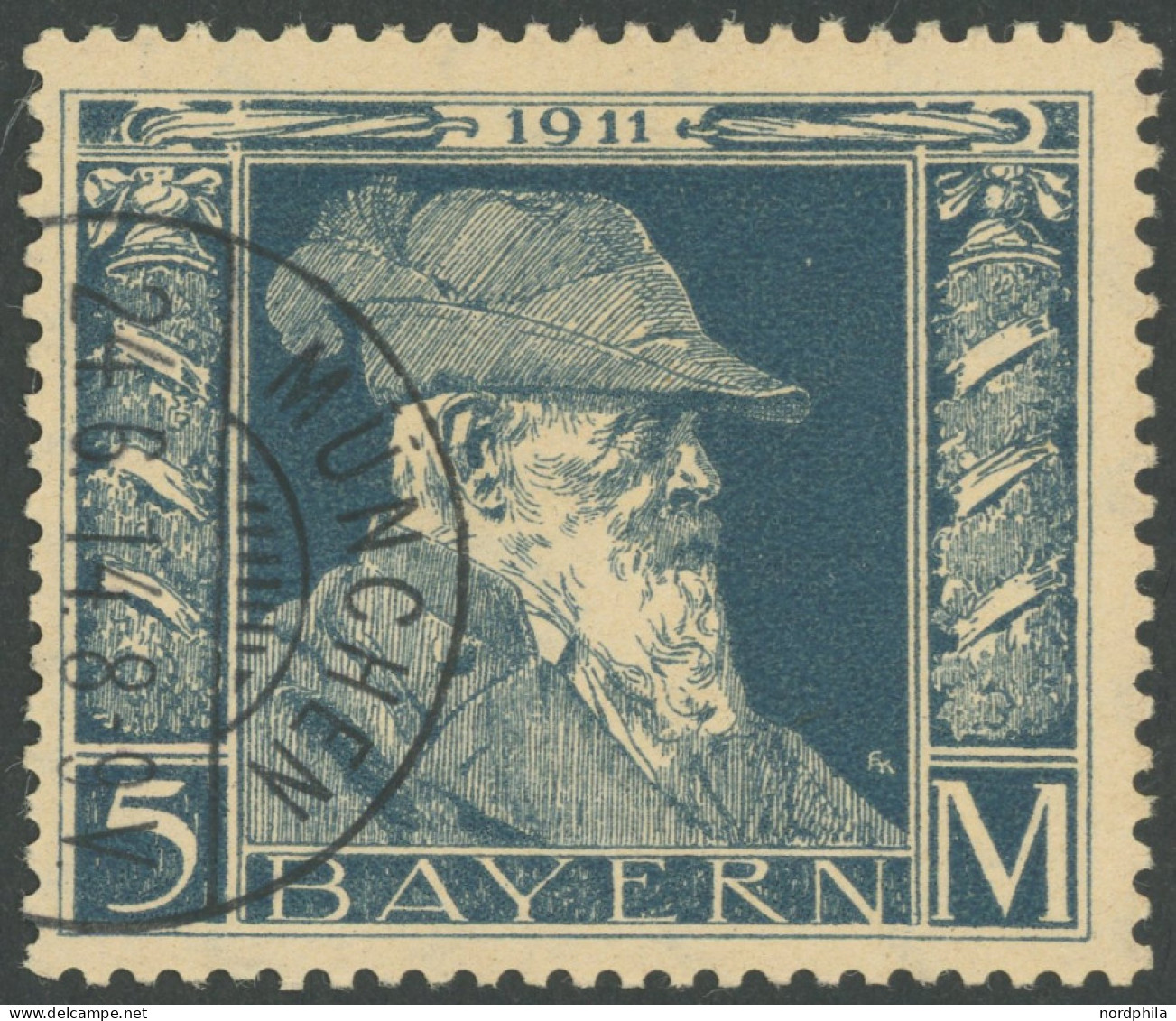 BAYERN 89II O, 1911, 5 M. Luitpold, Type II, Pracht, Mi. 220.- - Used