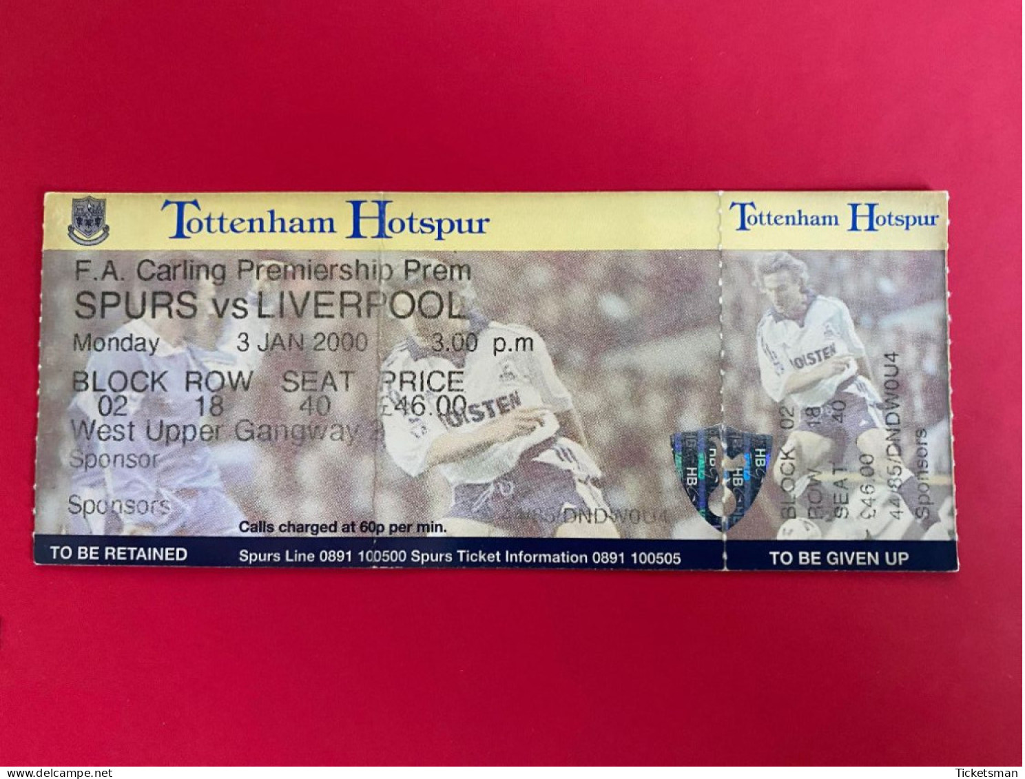 Football Ticket Billet Jegy Biglietto Eintrittskarte Tottenham Hotspur - Liverpool FC 03/01/2000 - Tickets D'entrée