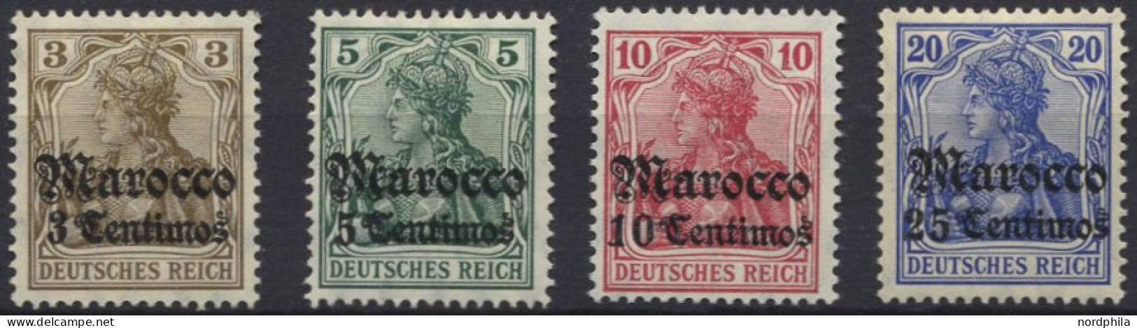 DP IN MAROKKO 34-37a *, 1906/7, 3 C. Auf 3 Pf. - 25 C. Auf 20 Pf., Mit Wz., Falzreste, 4 Prachtwerte, Mi. 53.- - Deutsche Post In Marokko
