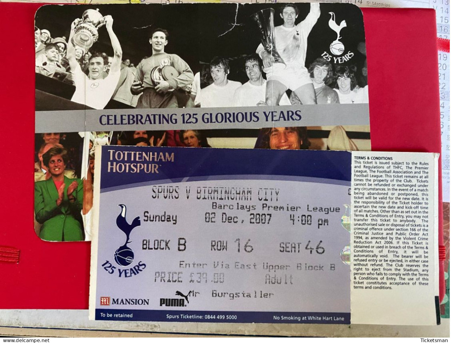 Football Ticket Billet Jegy Biglietto Eintrittskarte Tottenham Hotspur - Birmingham City 02/12/2007 Celebrate 125 Years - Tickets - Vouchers