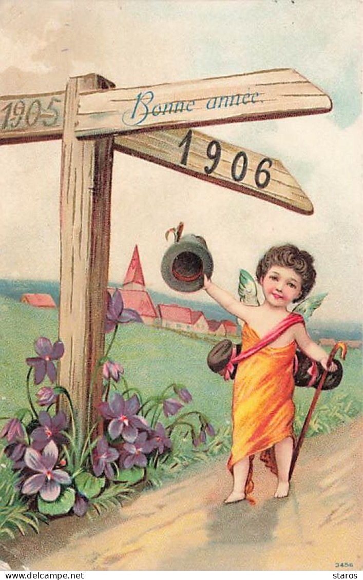 Carte Gaufrée - Bonne Année 1906 - Ange Près D'un Croisement D'année, Violettes - Nieuwjaar