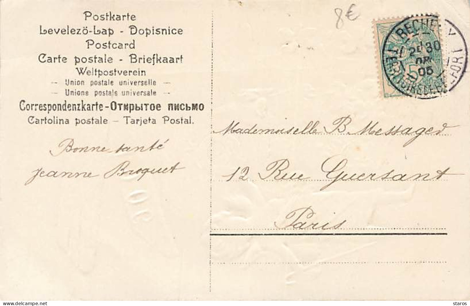 Carte Gaufrée - Bonne Année 1906 - Ange Près D'un Croisement D'année, Violettes - Nieuwjaar