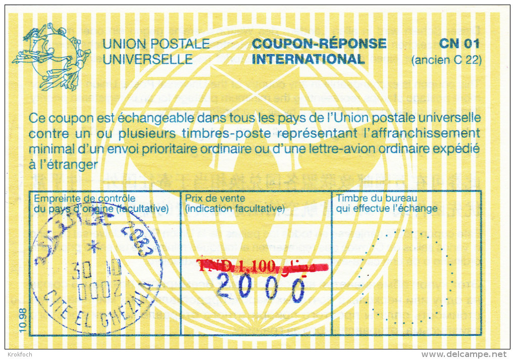 Coupon Réponse Tunisie 2000  - 2000 Sur TND 1.100 - Modèle Lausanne - Reply ICR CRI - Cité El Ghezala - Antwortscheine