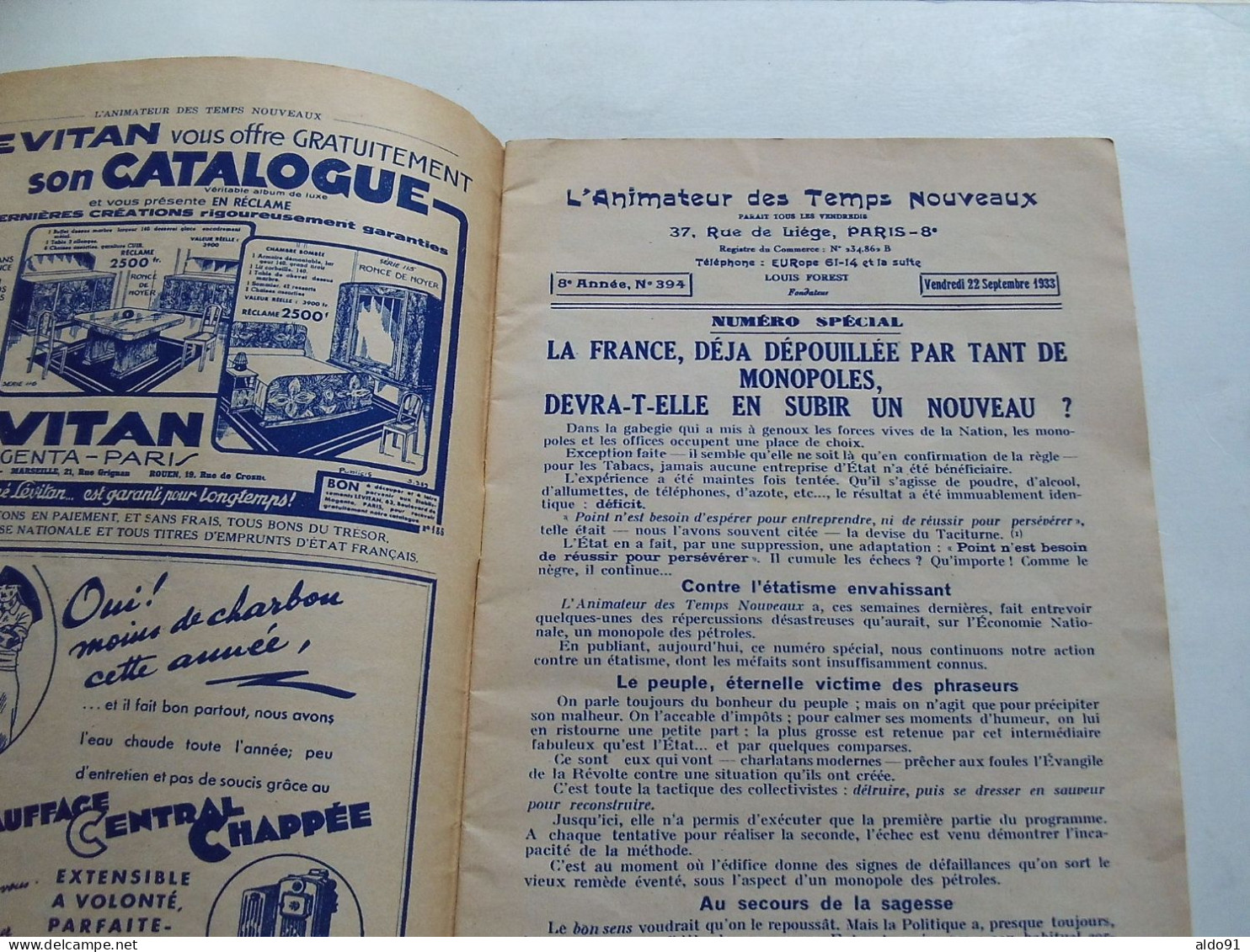 (Revue Ancienne - 1933) - L'ANIMATEUR Des TEMPS NOUVEAUX N° Spécial 394 " La FRANCE Dépouillée Par Les Monopoles " - 1900 - 1949
