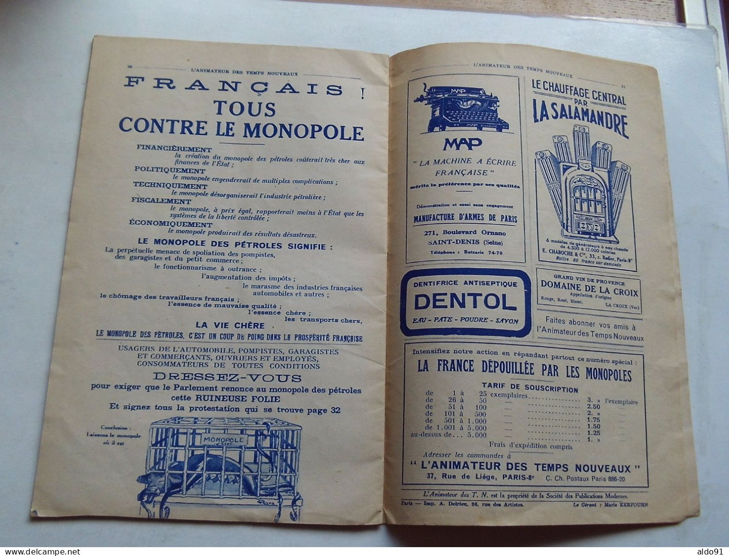 (Revue ancienne - 1933) - L'ANIMATEUR des TEMPS NOUVEAUX N° Spécial 394 " La FRANCE dépouillée par les Monopoles "