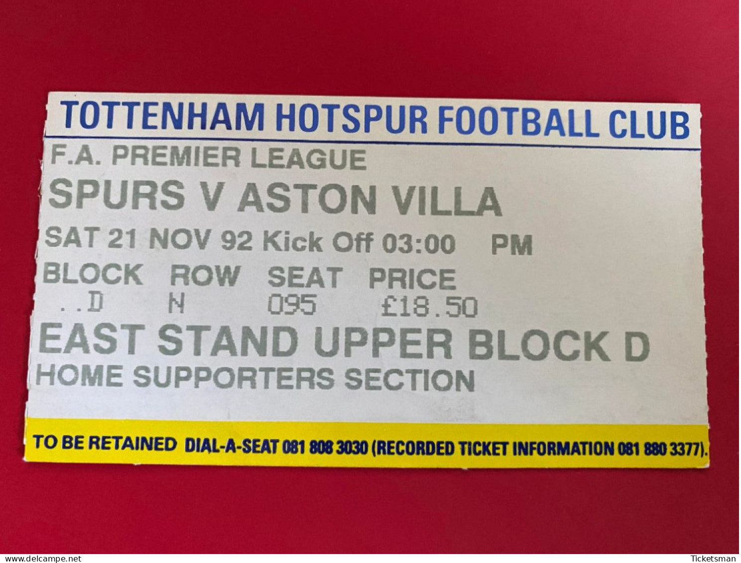 Football Ticket Billet Jegy Biglietto Eintrittskarte Tottenham Hotspur - Aston Villa 21/11/1992 - Tickets - Vouchers