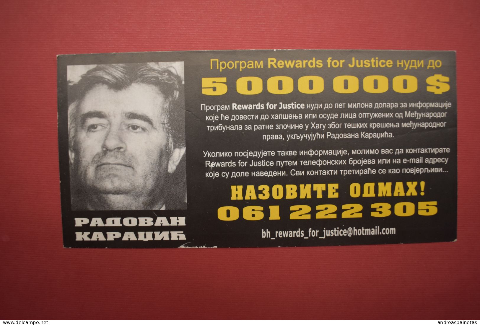 RADOVAN KARADZIC - BOSNIA WAR NATO Leaflet Flyer $5 Million Rewards For Justice - Documentos