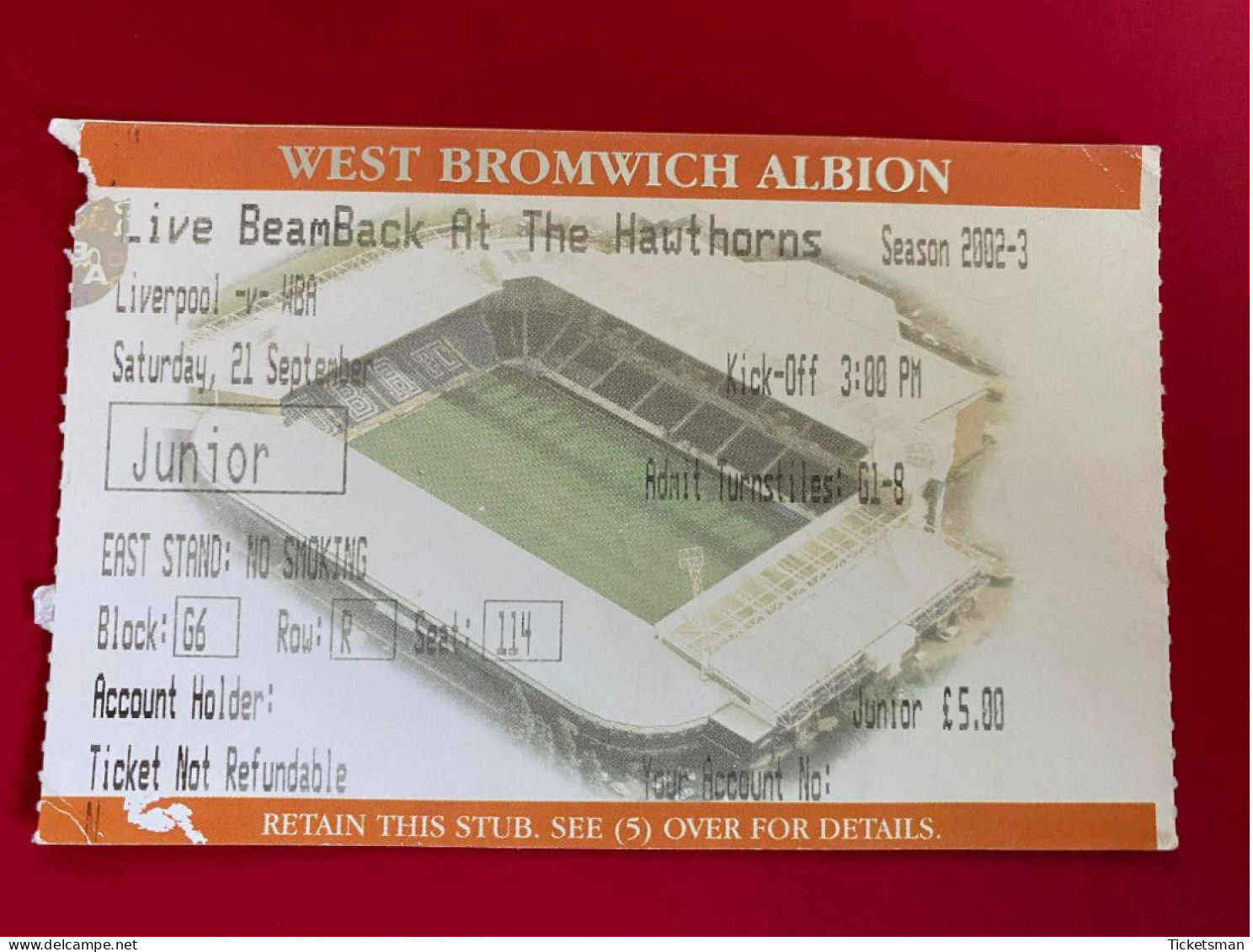 Football Ticket Billet Jegy Biglietto Eintrittskarte W.B.A. - Liverpool FC 21/09/2002 - Tickets D'entrée