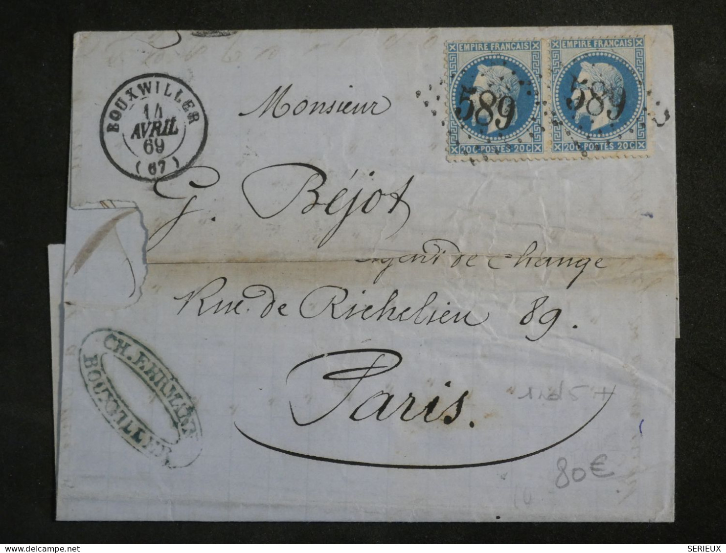 DN16  FRANCE  LETTRE RR 1866  PETIT BUREAU BOUXVILLERS PARIS  + PAIRE DE N°29 + AFF. INTERESSANT +++ - 1849-1876: Période Classique