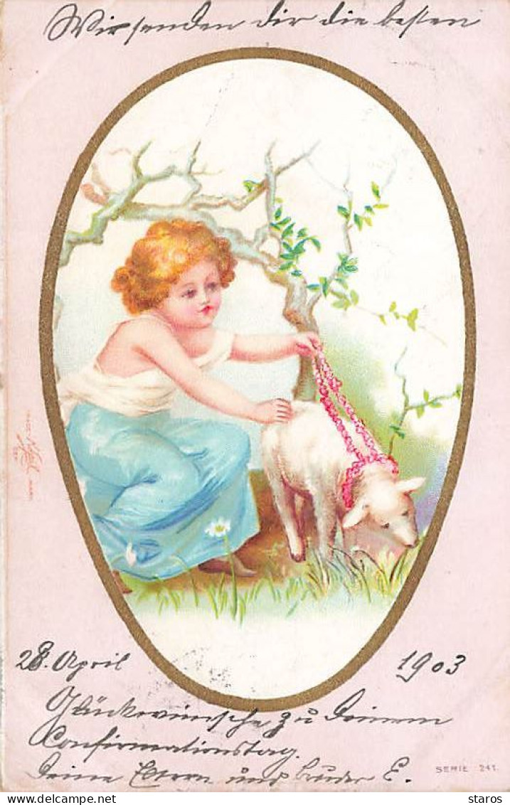 Pâques - Clapsaddle - Ange Tenant Un Mouton à L'aide D'une Guirlande De Fleurs - Pasen