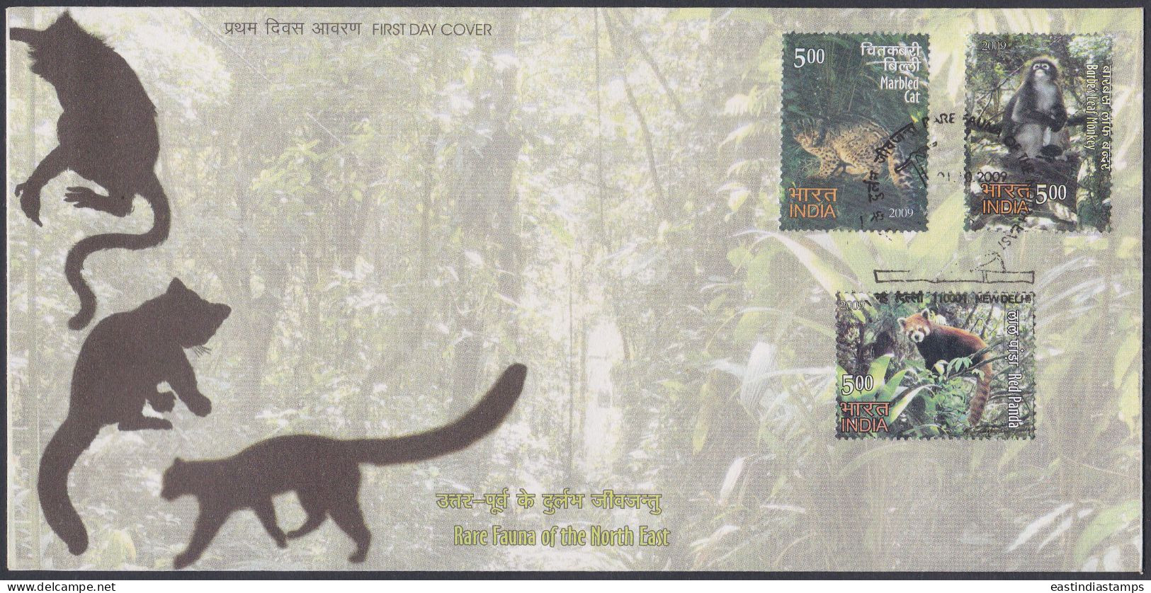 Inde India 2009 FDC Rare Fauna, Red Panda, Marbled Cat, Barbe's Leaf Monkey, Wild Life, Wildlife, Animal First Day Cover - Other & Unclassified