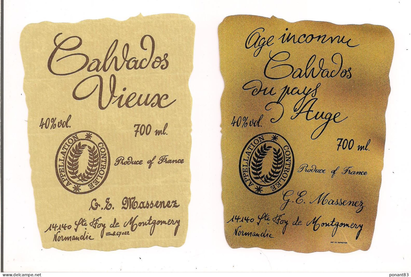 Etiquettes Calvados Du Pays D'Auge Vieux Et Age Inconnu - G.E.Massenez à Ste Foy De Montgomery - Imp Du Bernstein - - Alcoholen & Sterke Drank