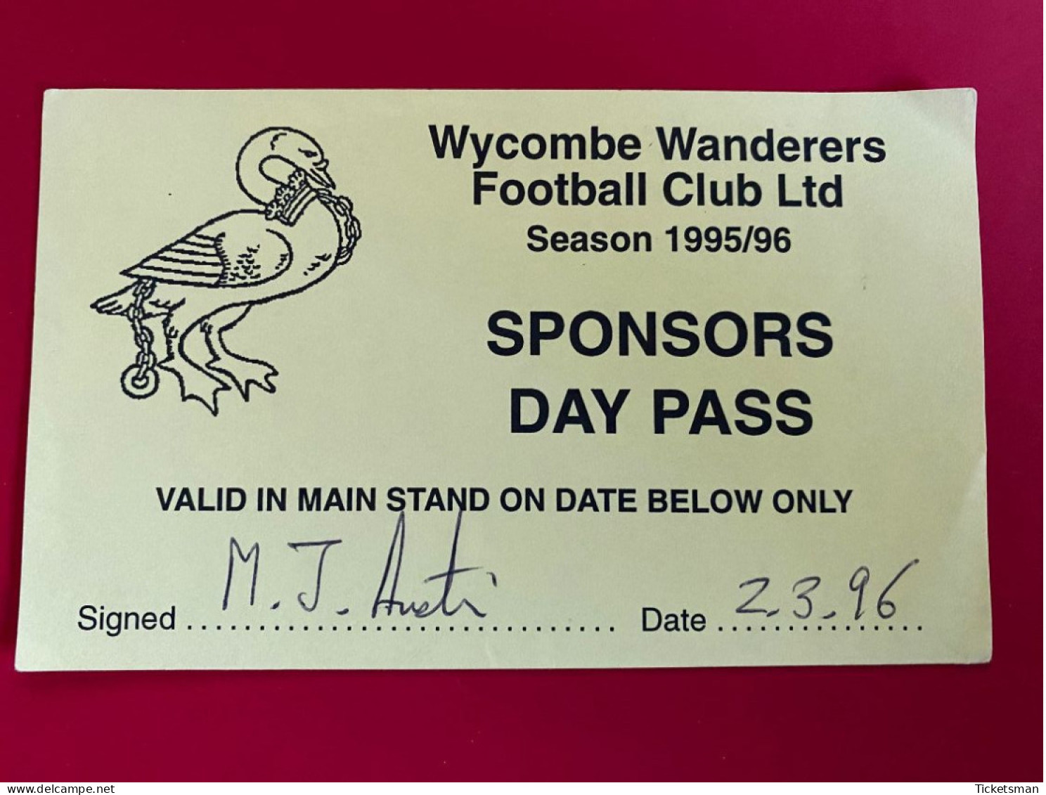 Football Ticket Billet Jegy Biglietto Eintrittskarte Wycombe Wanderers - Game From 02/03/1996 - Toegangskaarten