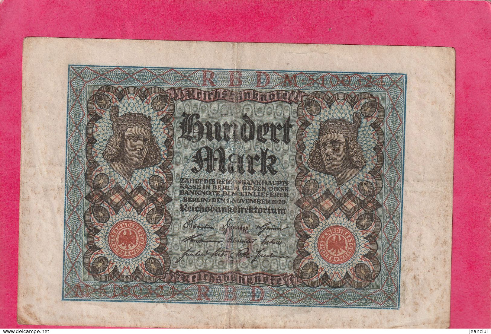 REICHBANKNOTE  .  100 MARK  .  1-11-1920     . N°  M 5100321  .  2 SCANNES  .  BILLET USITE - 100 Mark