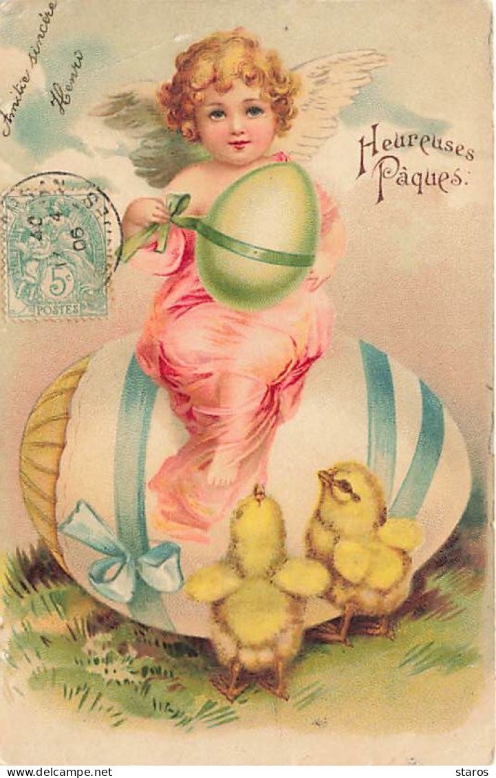 Clapsaddle - Heureuses Pâques - Poussins Regardant Un Ange Tenant Un Oeuf Assis Sur Un Oeuf - Carte Vendue En L'état - Pascua