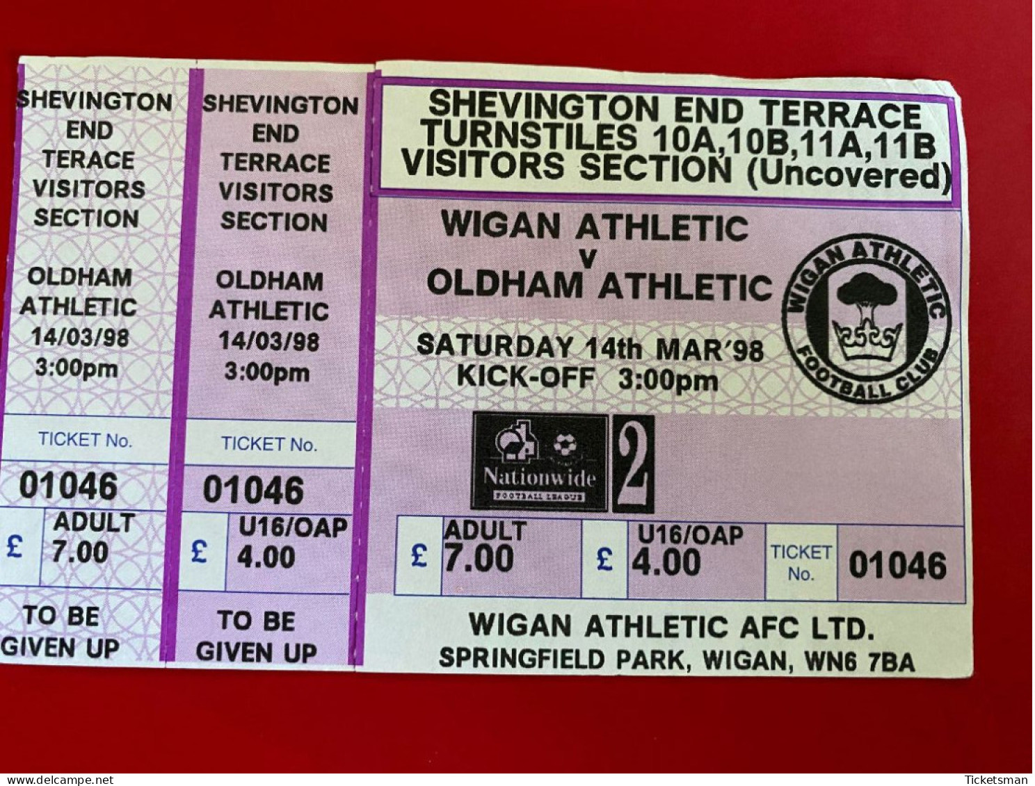Football Ticket Billet Jegy Biglietto Eintrittskarte Wigan Athletic - Oldham Athletic 14/03/1998 - Toegangskaarten