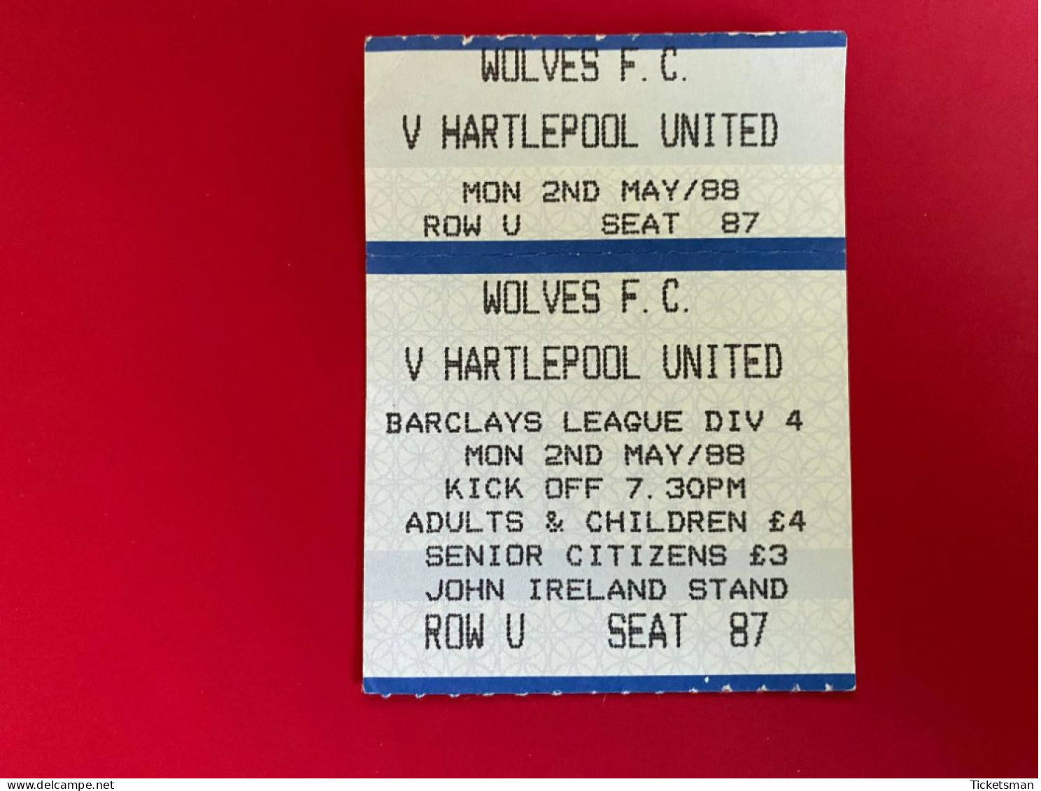 Football Ticket Billet Jegy Biglietto Eintrittskarte Wolwerhampton Wand. - Hartlepool United 02/05/1988 - Toegangskaarten
