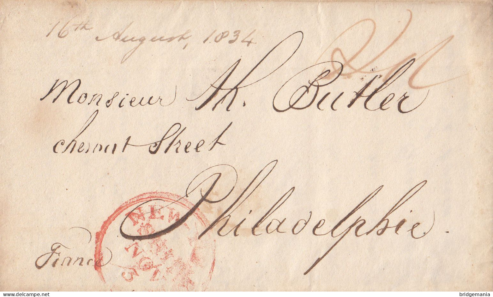 MTM117 - 1834 TRANSATLANTIC LETTER FRANCE TO USA Steamer FRANCE - SIMPLE RATE - Postal History
