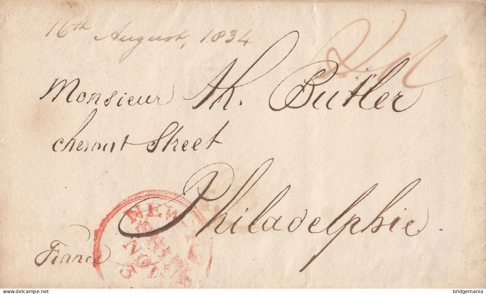 MTM117 - 1834 TRANSATLANTIC LETTER FRANCE TO USA Steamer FRANCE - SIMPLE RATE - Marcofilie