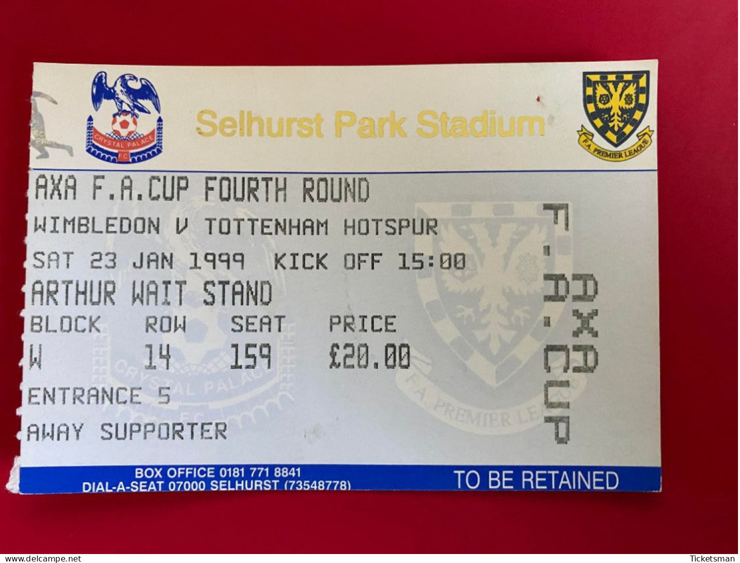 Football Ticket Billet Jegy Biglietto Eintrittskarte FC Wimbledon - Tottenham Hotspur 23/01/1999 FA Cup - Tickets - Entradas