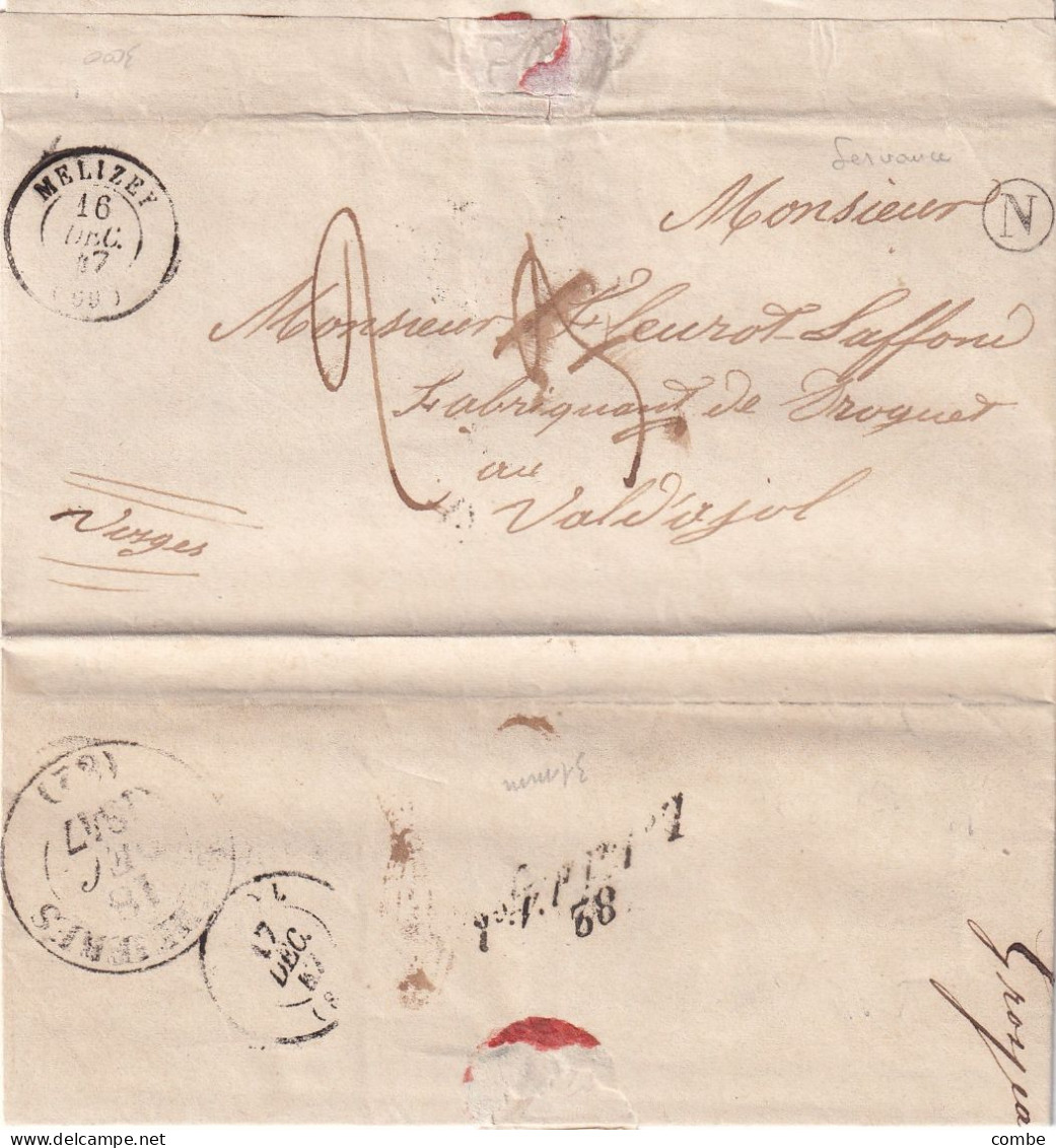 LETTRE. 16 DEC 1847. MELISEY. HAUTE SAONE. BOITE RURALE N = SERVANCE. CURSIVE 82/ Le Val D'Ajol - 1801-1848: Precursors XIX