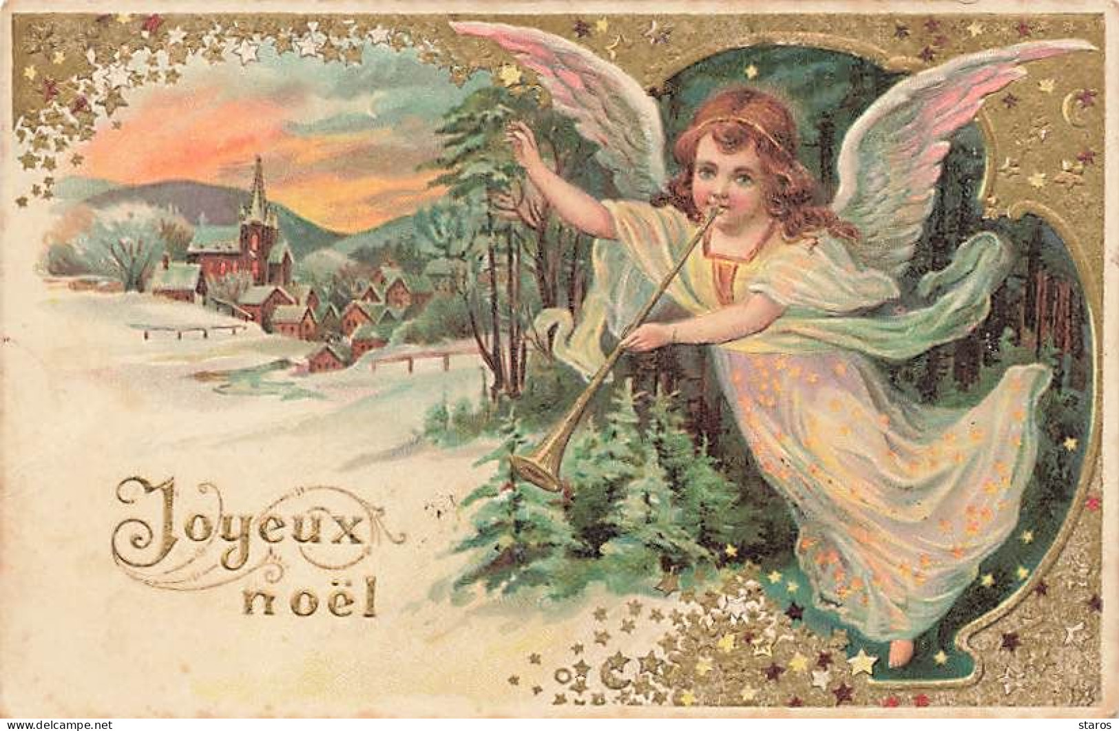 Carte Gaufrée - Joyeux Noël - Ange Sonnant Dans Une Trompette Près D'un Village - Sonstige & Ohne Zuordnung