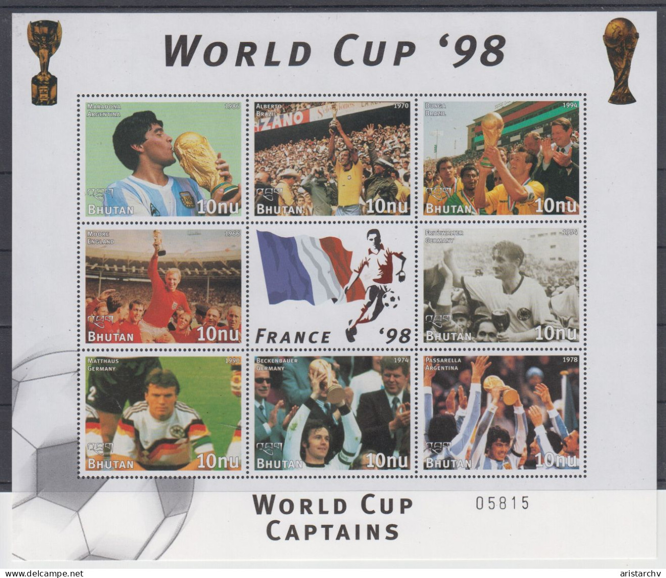 BHUTAN 1998 FOOTBALL WORLD CUP 2 S/SHEETS 2 SHEETLETS AND 6 STAMPS - 1998 – France